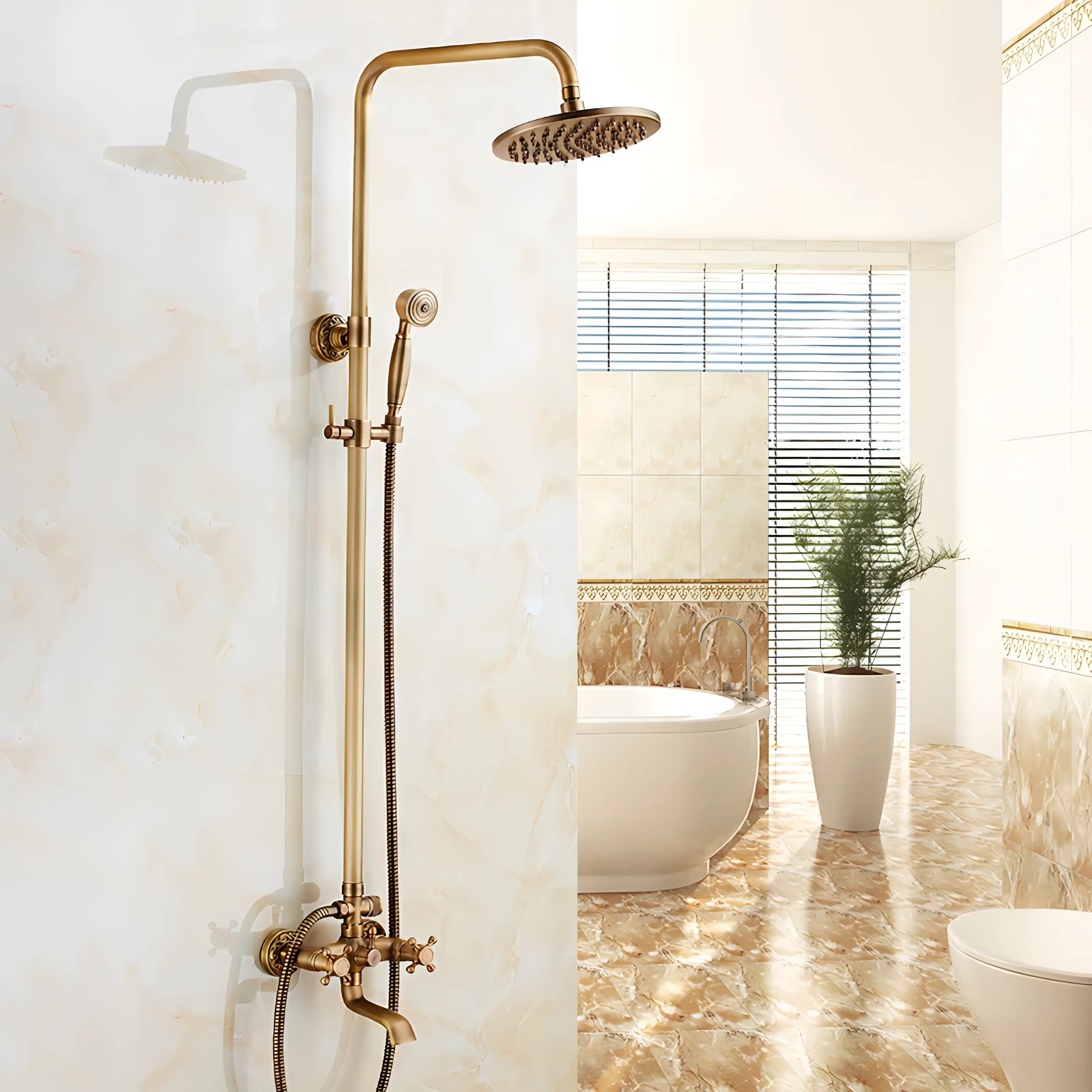 Zola - Brass Antique Wall Mounted Dual Handle Shower Set