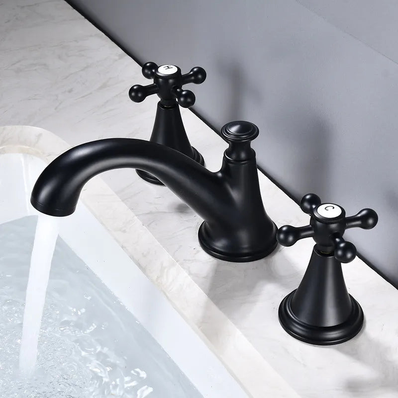 Tehya - Retro Modern Black Brass Dual Handle Mixer Basin Tap