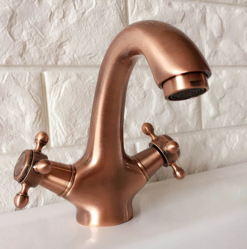 Prince - Vintage Style Copper Finish Gooseneck Basin Tap with Cross Handles