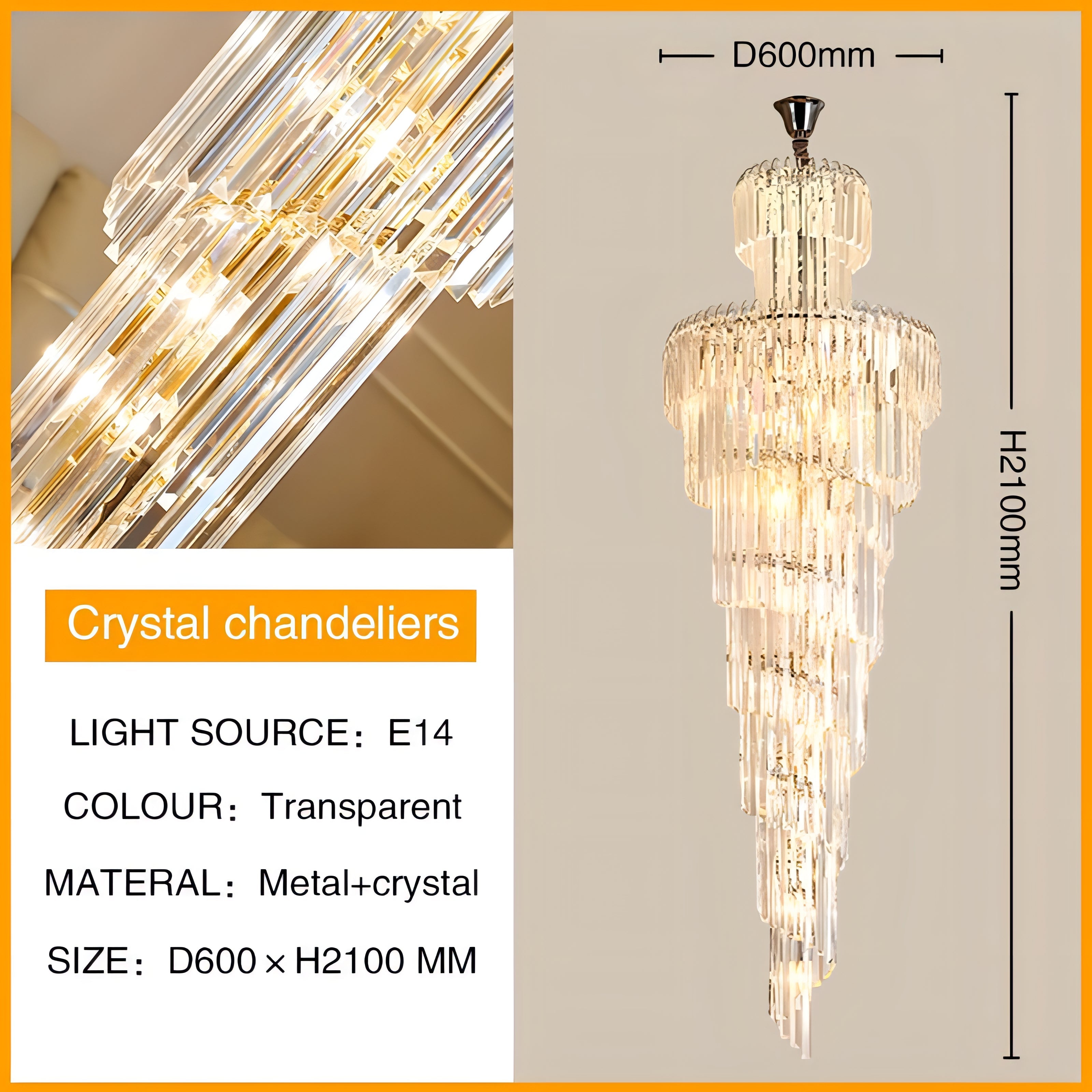 Darius - Long Crystal Tiered Fixed Hanging Ceiling Light Chandelier