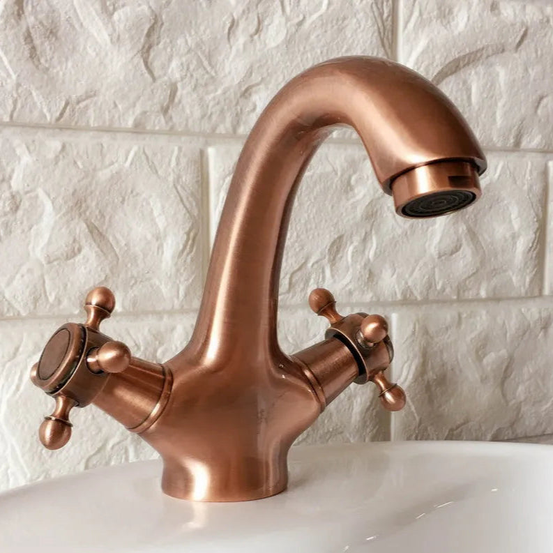 Prince - Vintage Style Copper Finish Gooseneck Basin Tap with Cross Handles