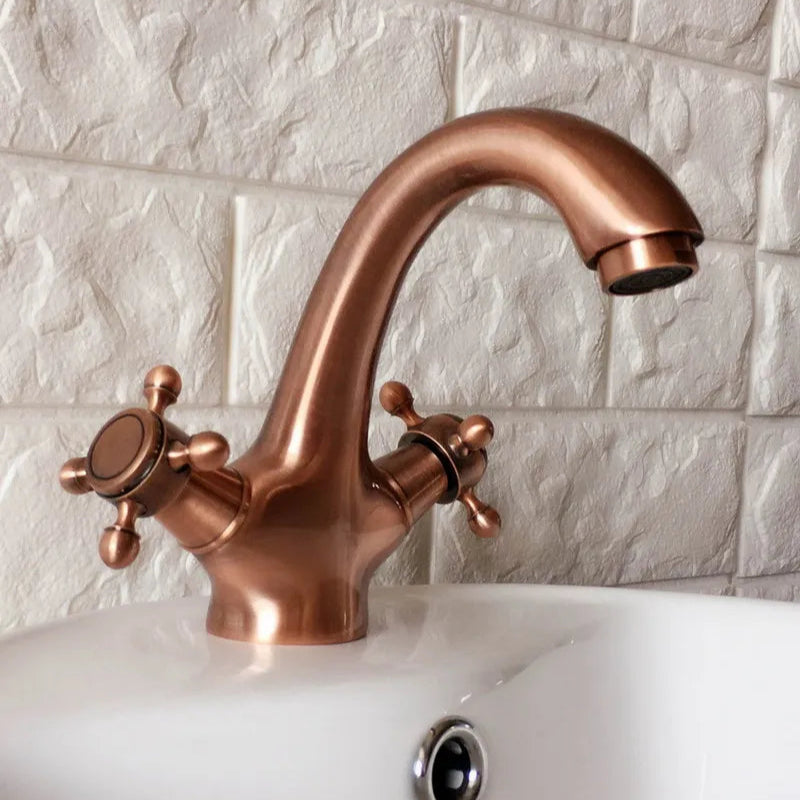 Prince - Vintage Style Copper Finish Gooseneck Basin Tap with Cross Handles