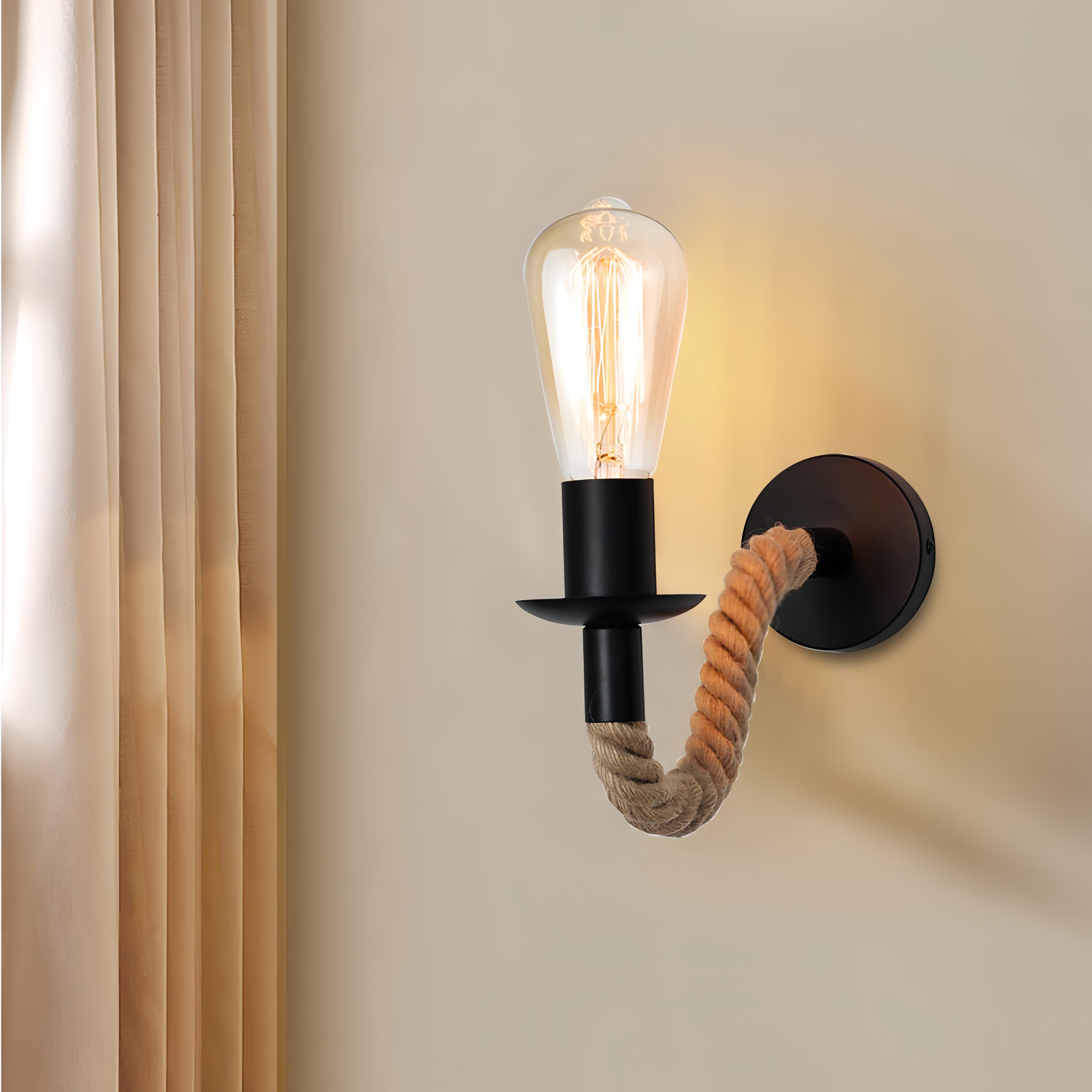 Truett - Curved Hemp Rope Black Wall Light