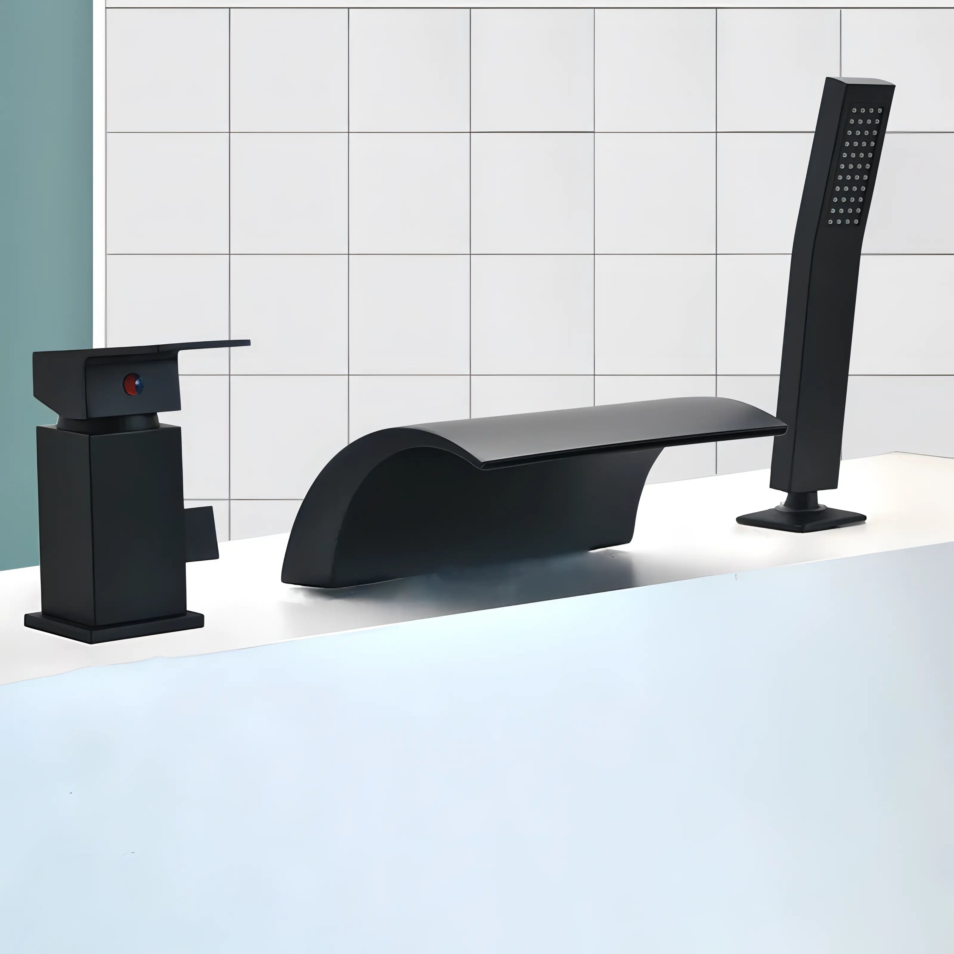 Frias - 3 Piece Modern Waterfall Bathtub Mixer Tap Set Pull Out Shower