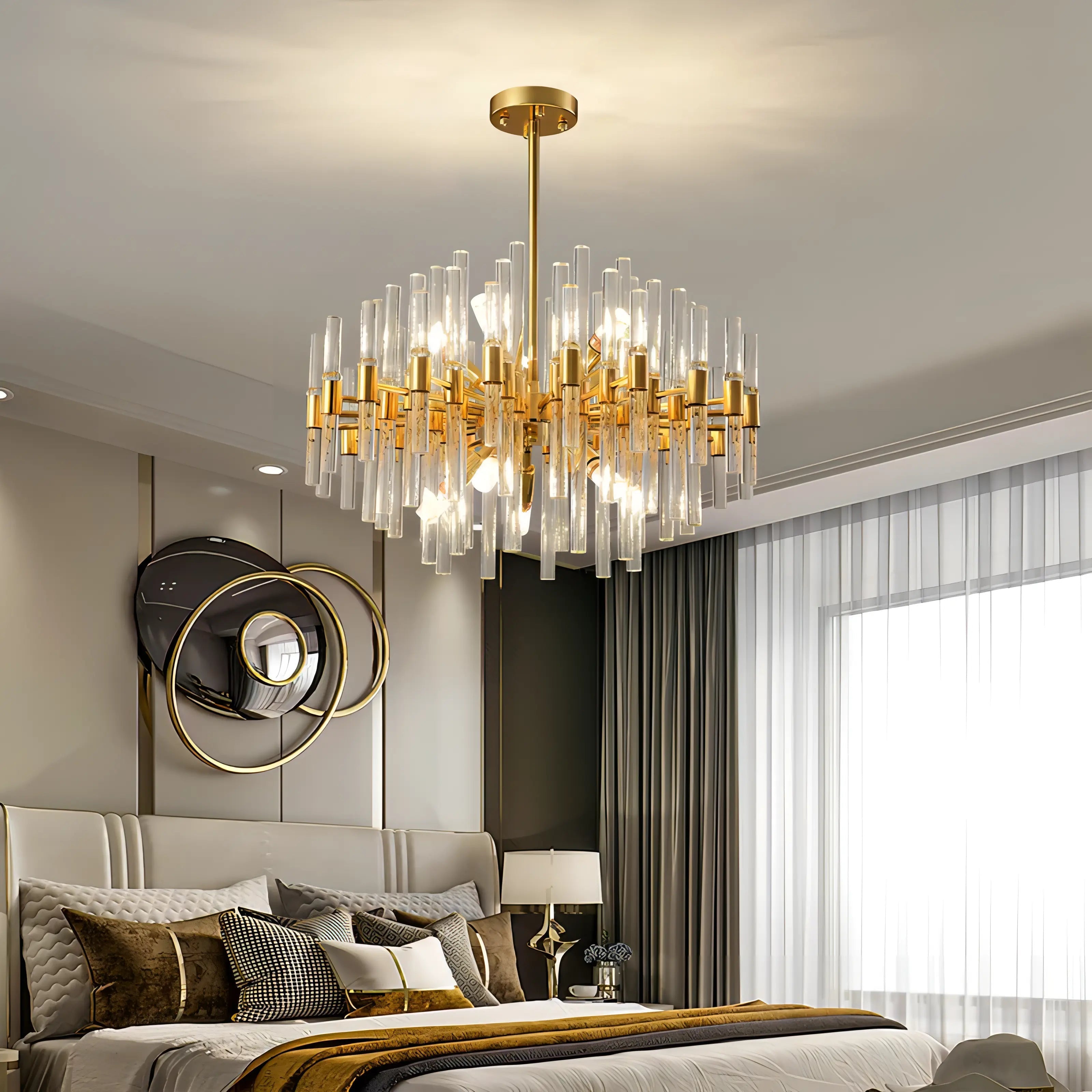 Sofia - Glass Crystal Tubes Round Gold Ceiling Chandelier