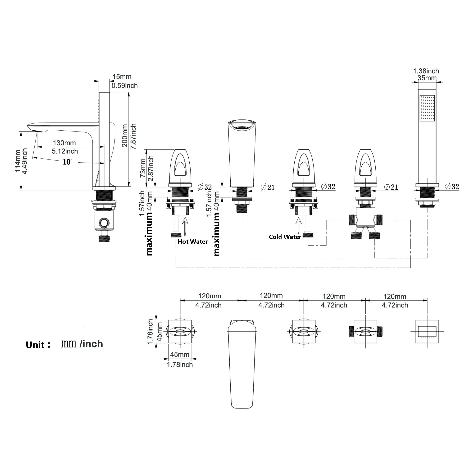 Aiken - Modern 5 Piece Bathtub Tap Set with Pull Out Shower Spray