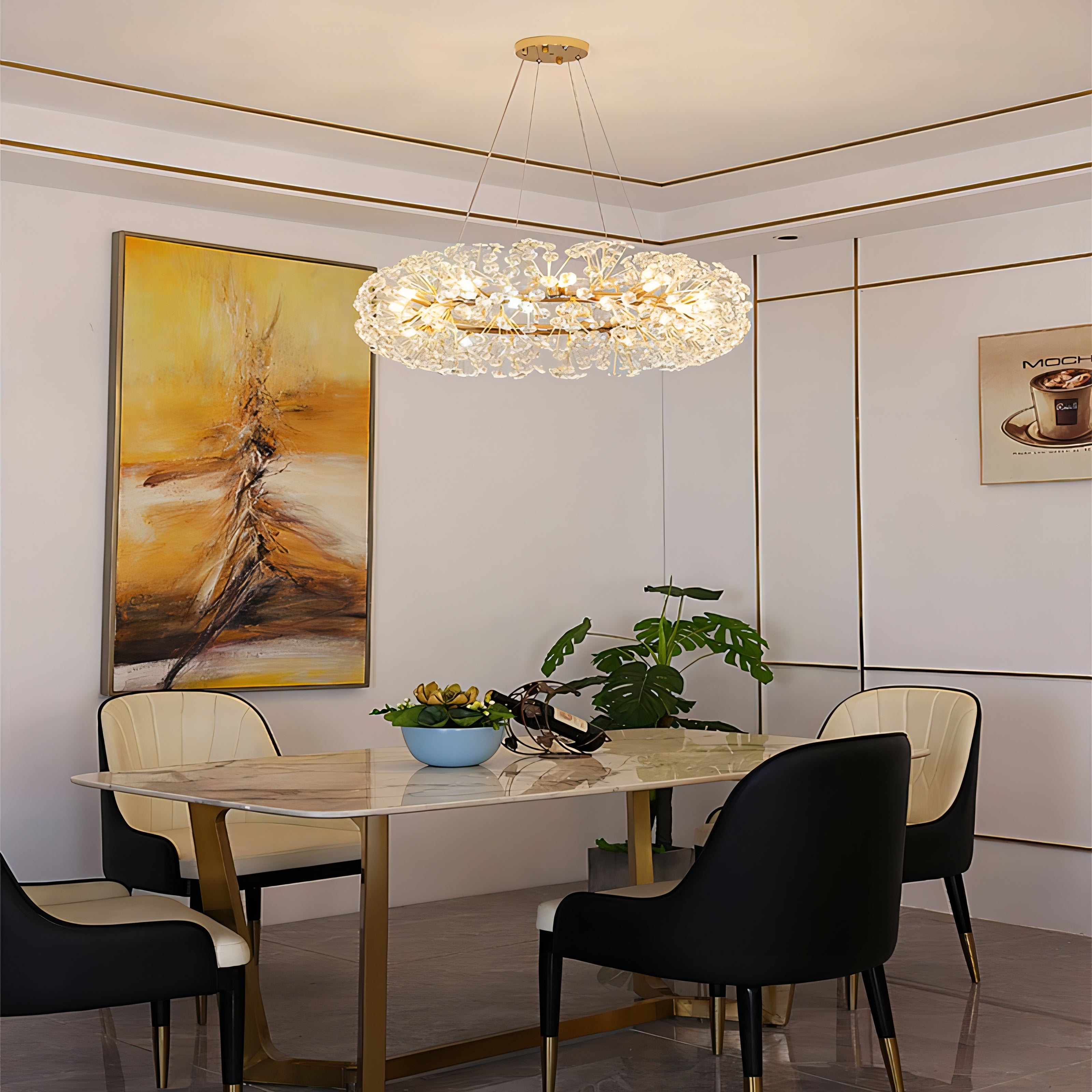 Abdiel - Glass Dandelion Gold Frame Round Clear Crystal Ceiling Light Chandelier