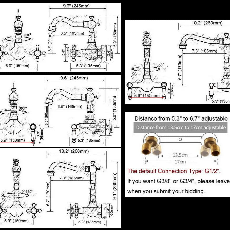 Trenton - Vintage Copper Wall Mount Dual Handle Swivel Spout Bathroom Tap