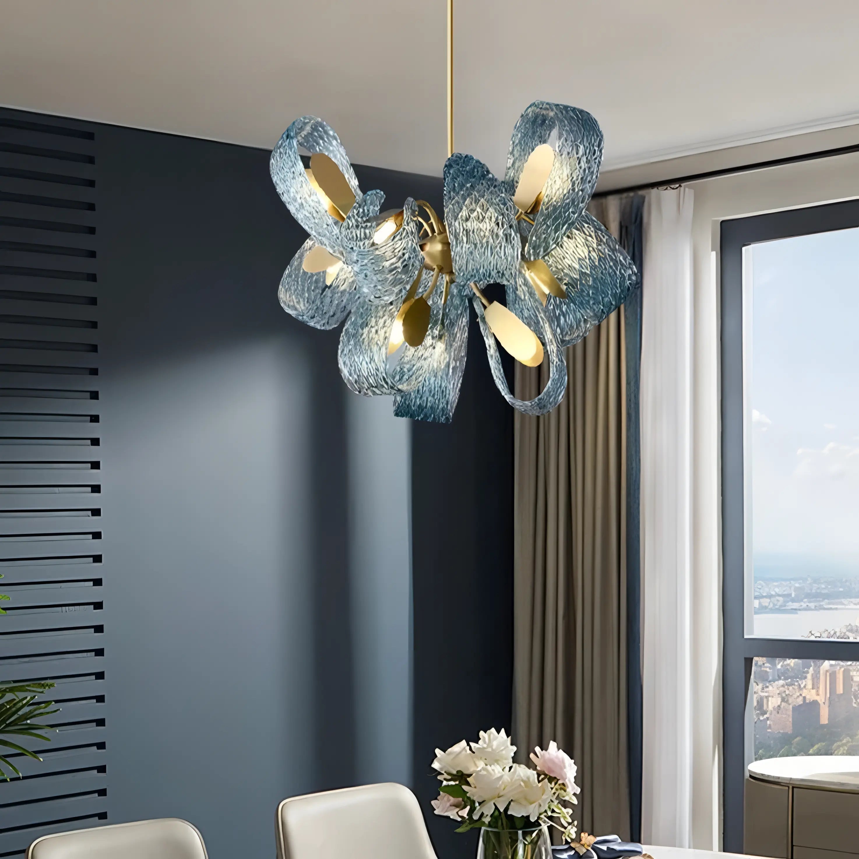 Piper - Blue Patterned Glass Gold Body Crystal Hanging Chandelier