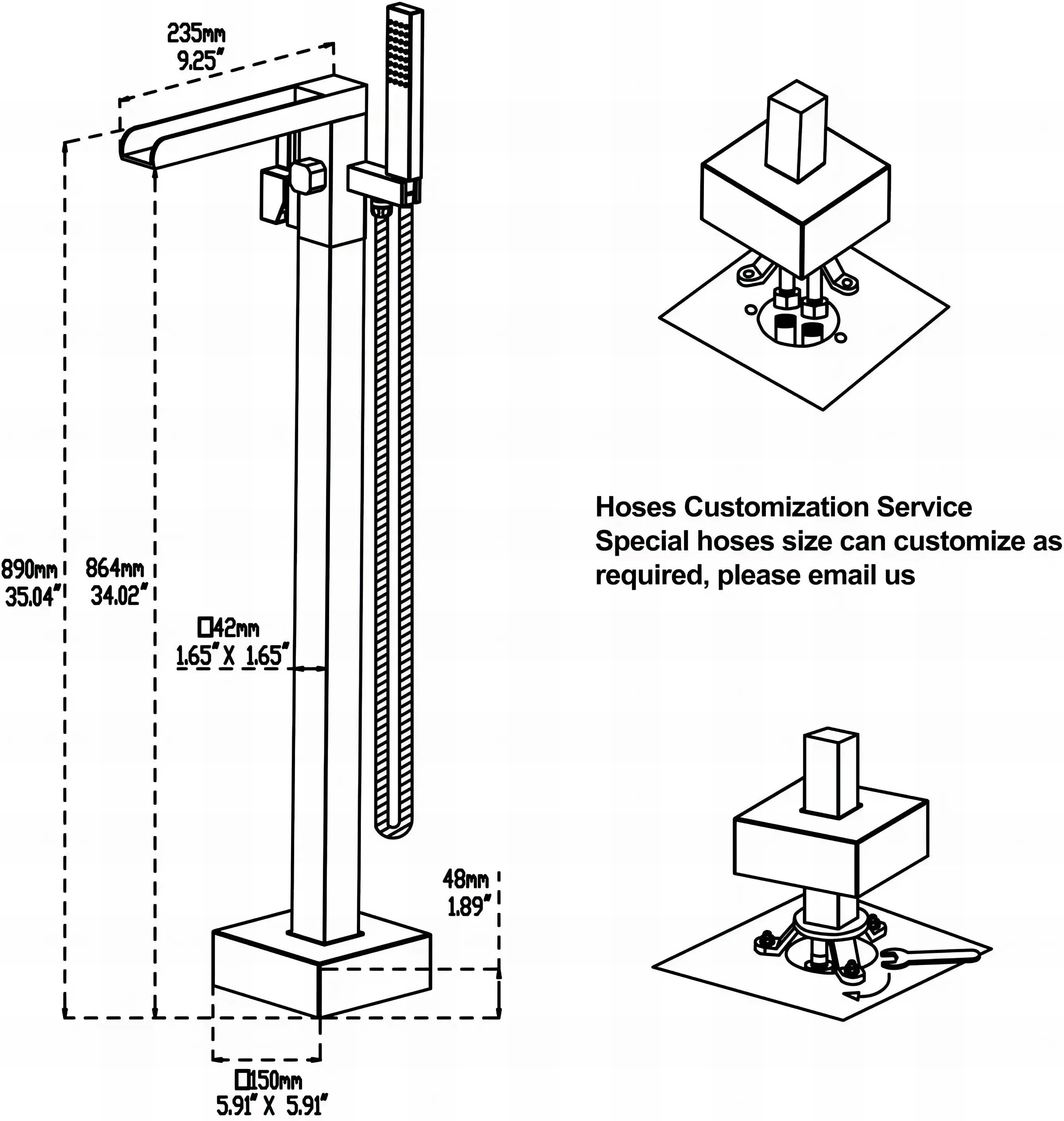 Zapata - Floor Standing Modern Bathtub Waterfall Filler Tap with Hand Shower