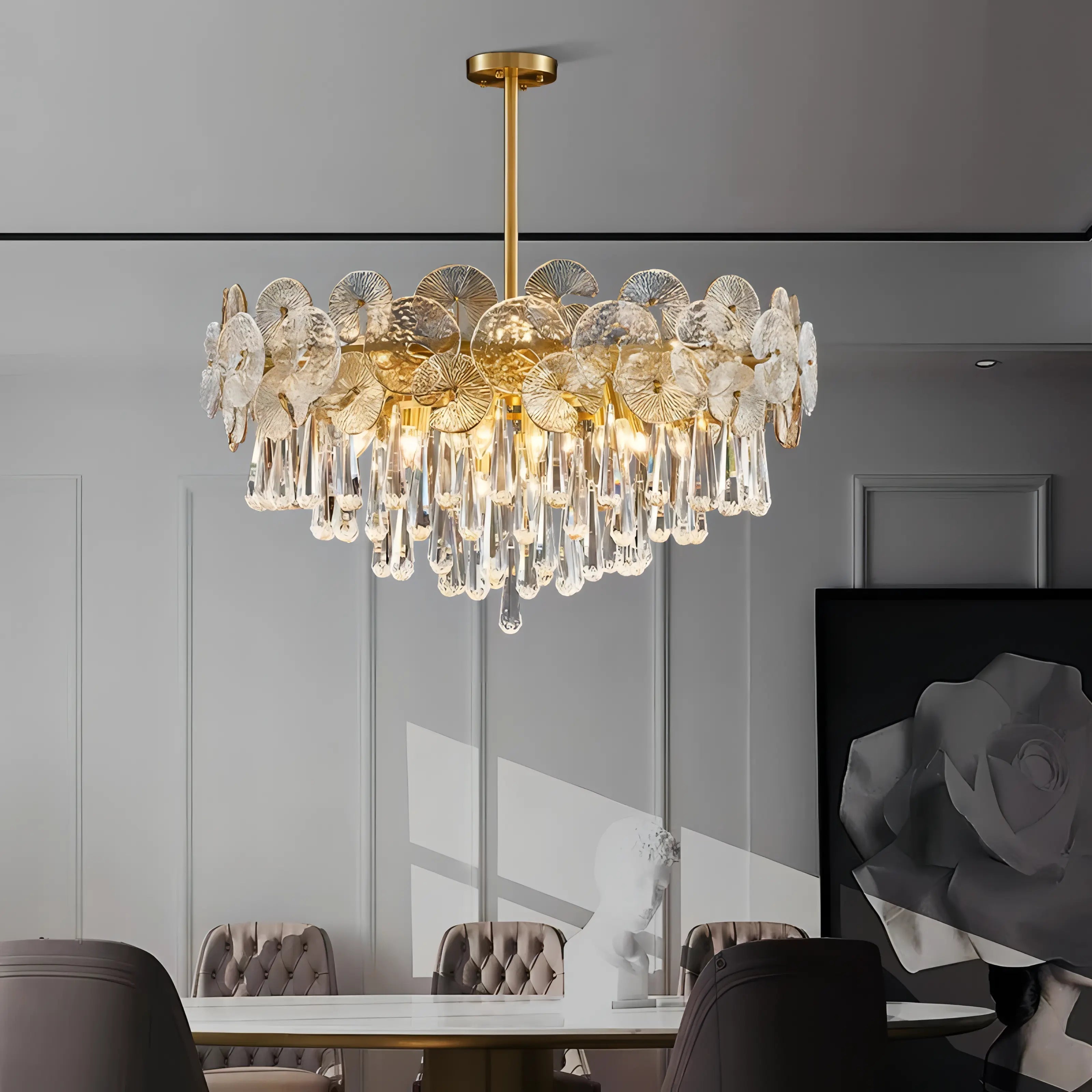 Albina - Patterned Glass Teardrop Crystal Glass Ceiling Light Gold Chandelier
