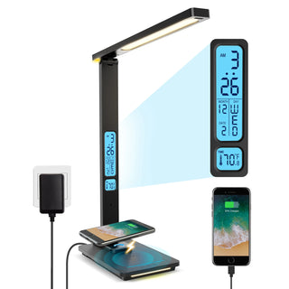 Mancini - 10W QI Wireless Charging LED Desk Light With Calendar Temperature Alarm Clock