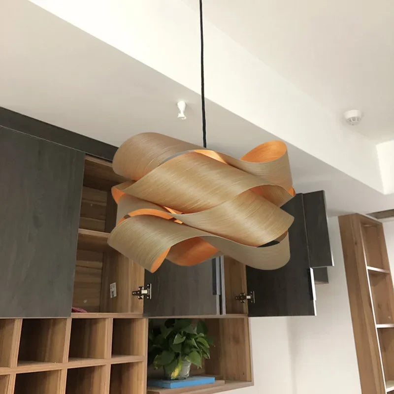 Matia - Asian Wood Curved Pendant Ceiling Light