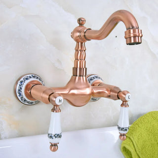 Trenton - Vintage Copper Wall Mount Dual Handle Swivel Spout Bathroom Tap