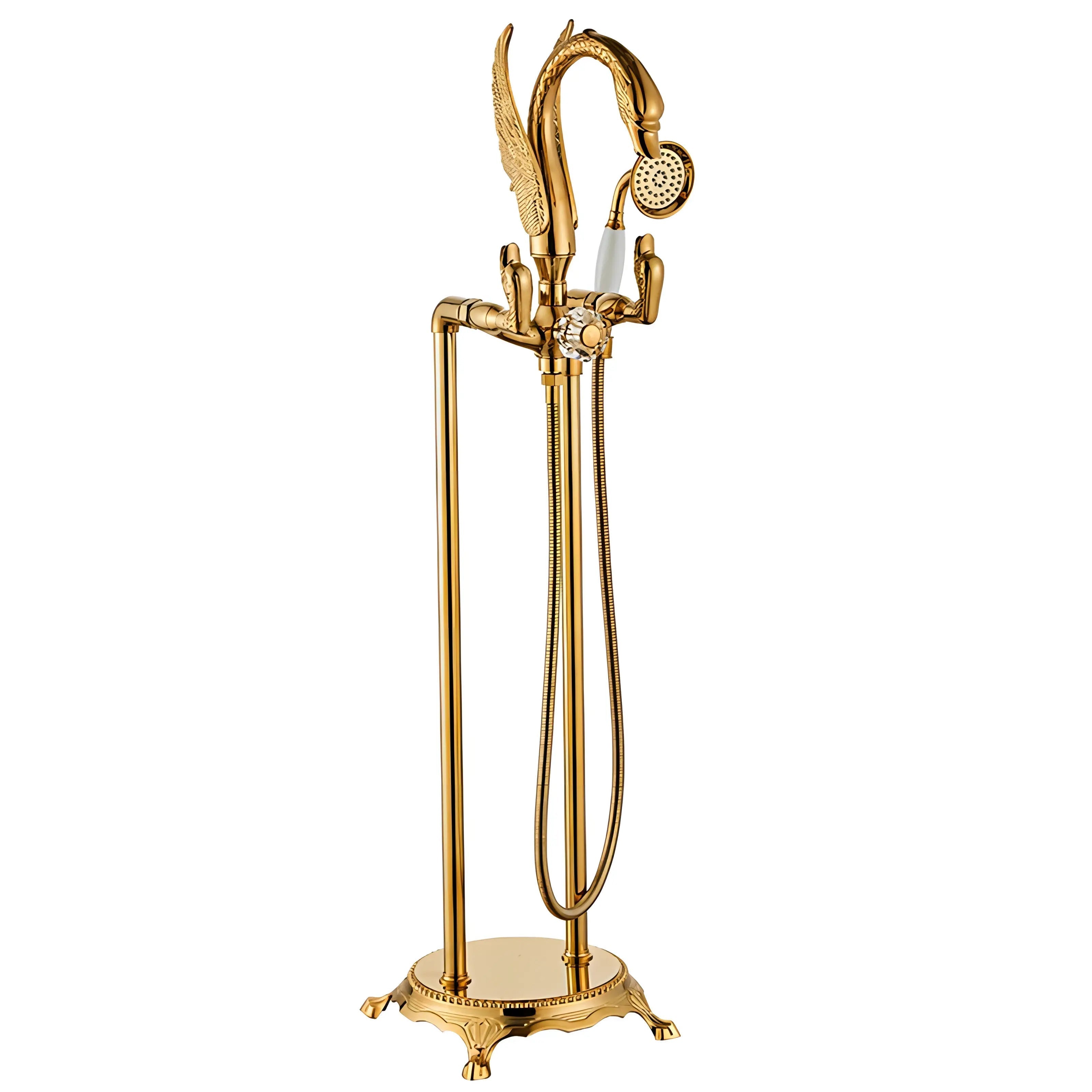 Wilburn - Freestanding Floor Gold Swan Bathtub Tap with Handheld Shower