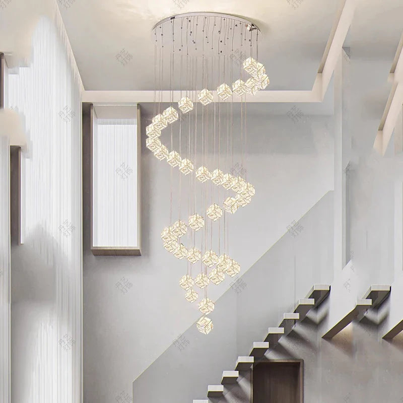 Maxine - Modern Statement Multi Head Chrome Square Crystal Spiral Chandelier