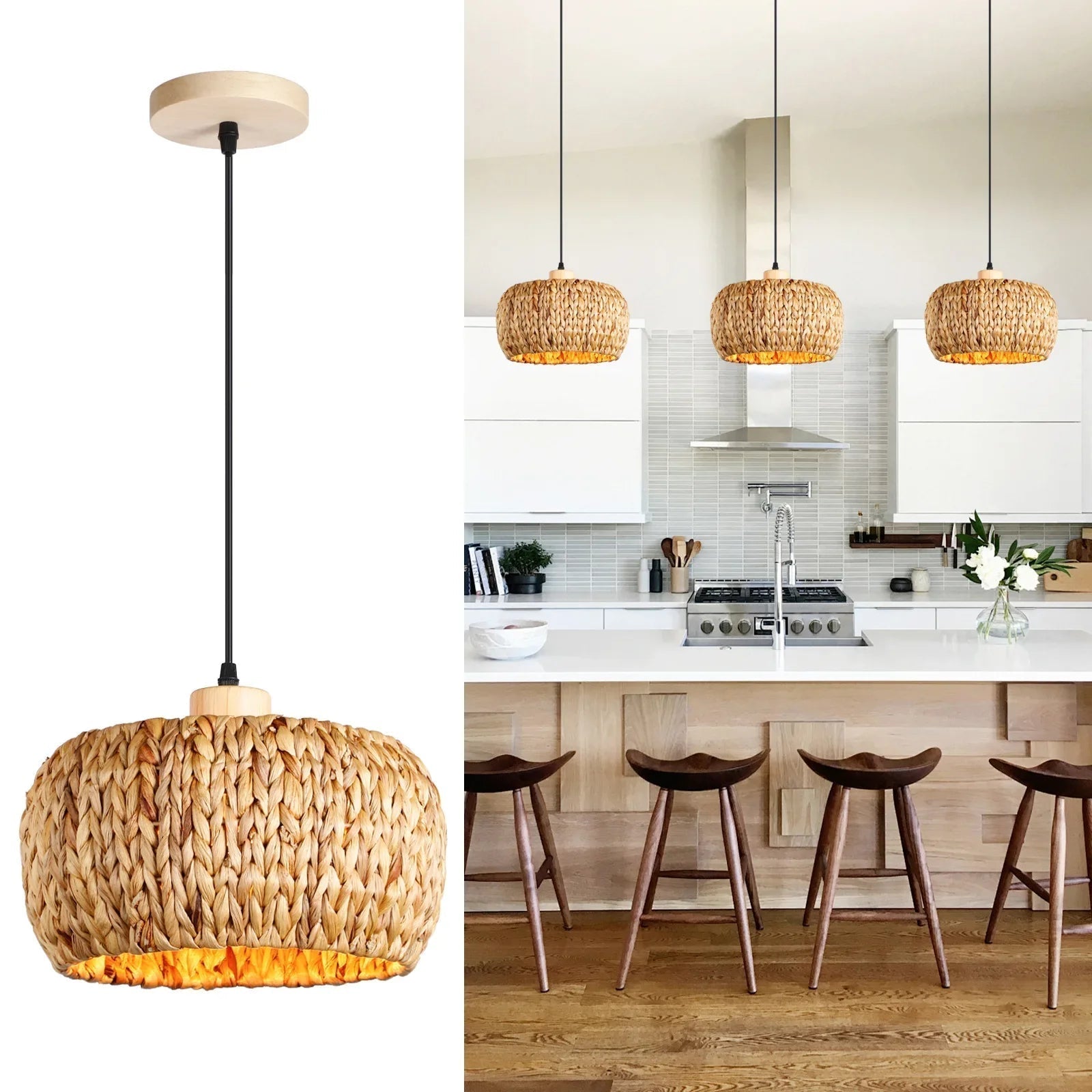 Rolando - Natural Bamboo Rattan Woven LED Hanging Pendant Ceiling Light