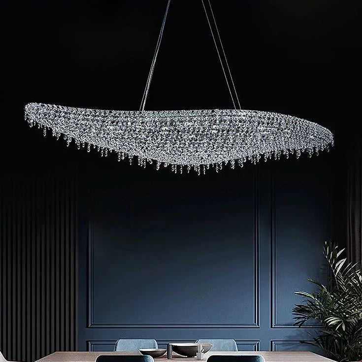 Sage - Long Wave K9 Crystal Silver Hanging Ceiling Chandelier