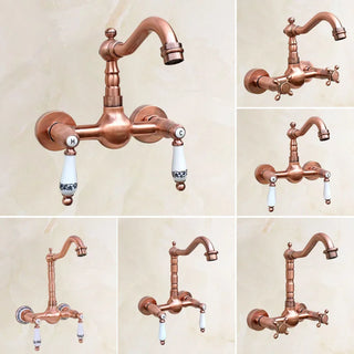 Trenton - Vintage Copper Wall Mount Dual Handle Swivel Spout Bathroom Tap