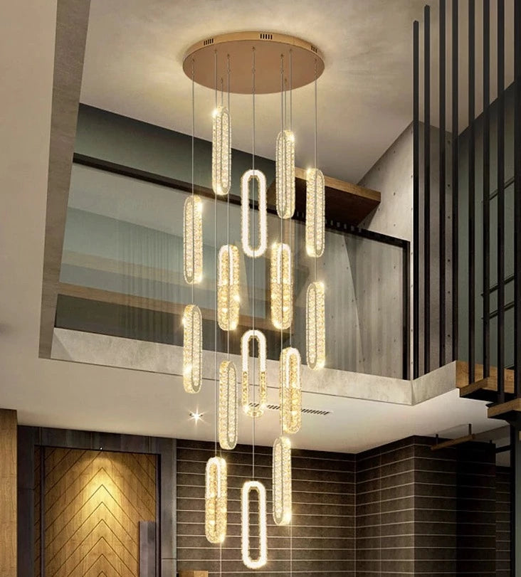 Nthousa - Crystal Glass Multi Head Gold Oval Ring Hanging Ceiling Light Chandelier