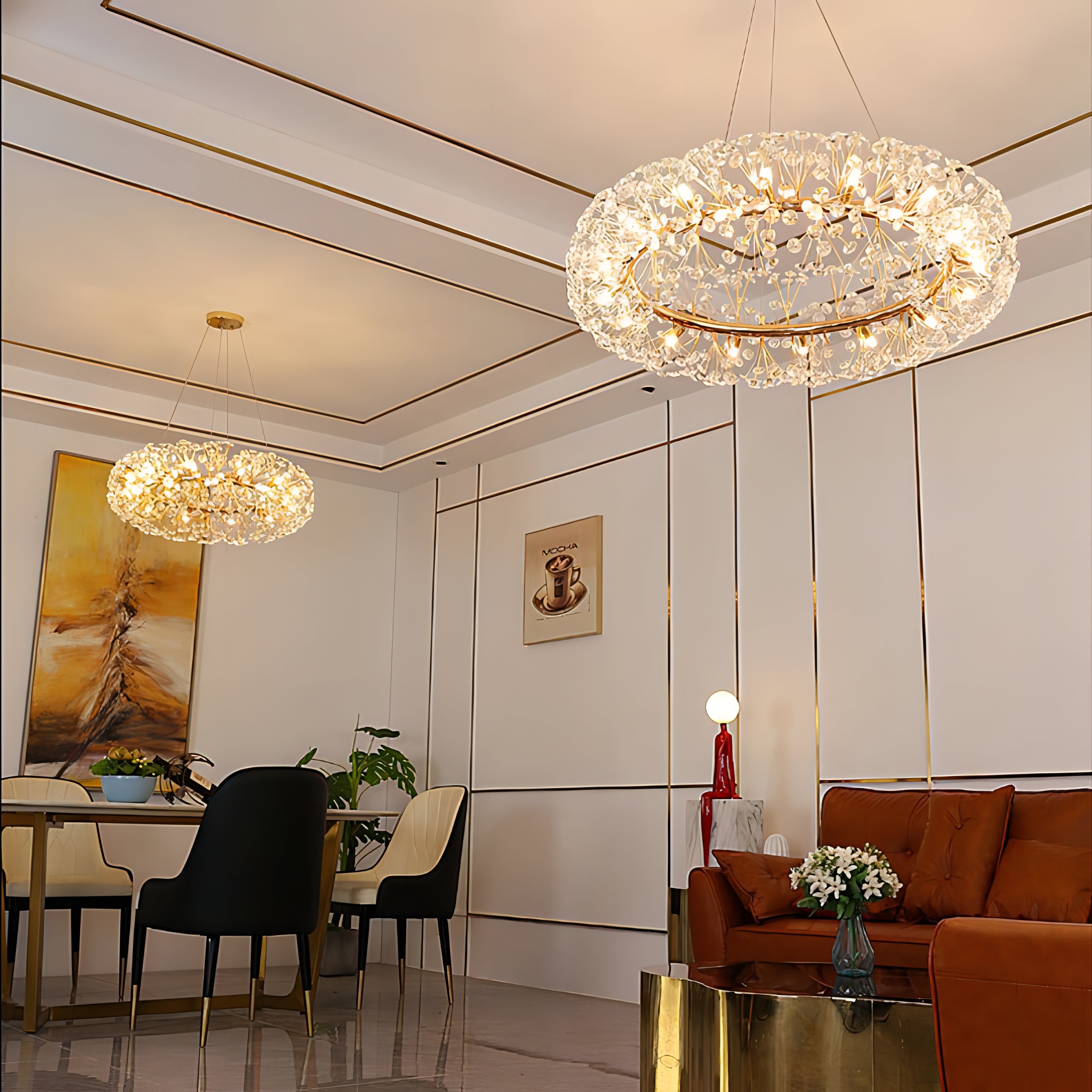 Abdiel - Glass Dandelion Gold Frame Round Clear Crystal Ceiling Light Chandelier