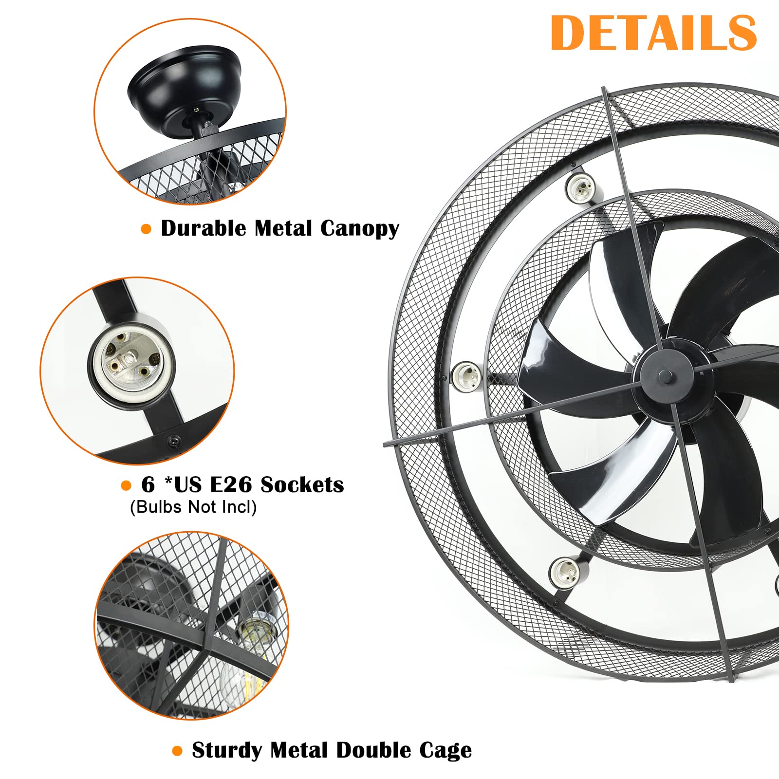 Avleen - Industrial Cage Ceiling Fan with E26 Bulb Light