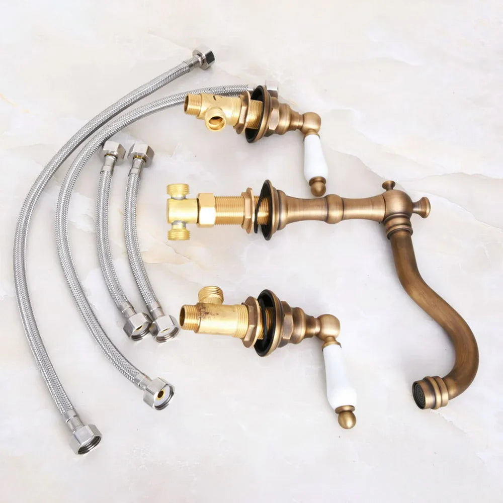 Maloney - Vintage Brass Dual Handle Deck Mounted Basin Mixer Tap