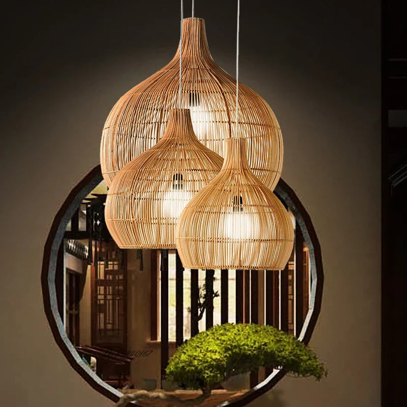 Hermilo - Japanese Rattan Woven Hanging Dome Pendant Ceiling Light