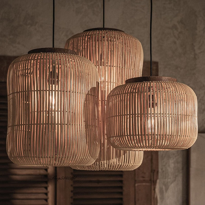 Karola - Retro Rattan Squashed Round Ceiling Light