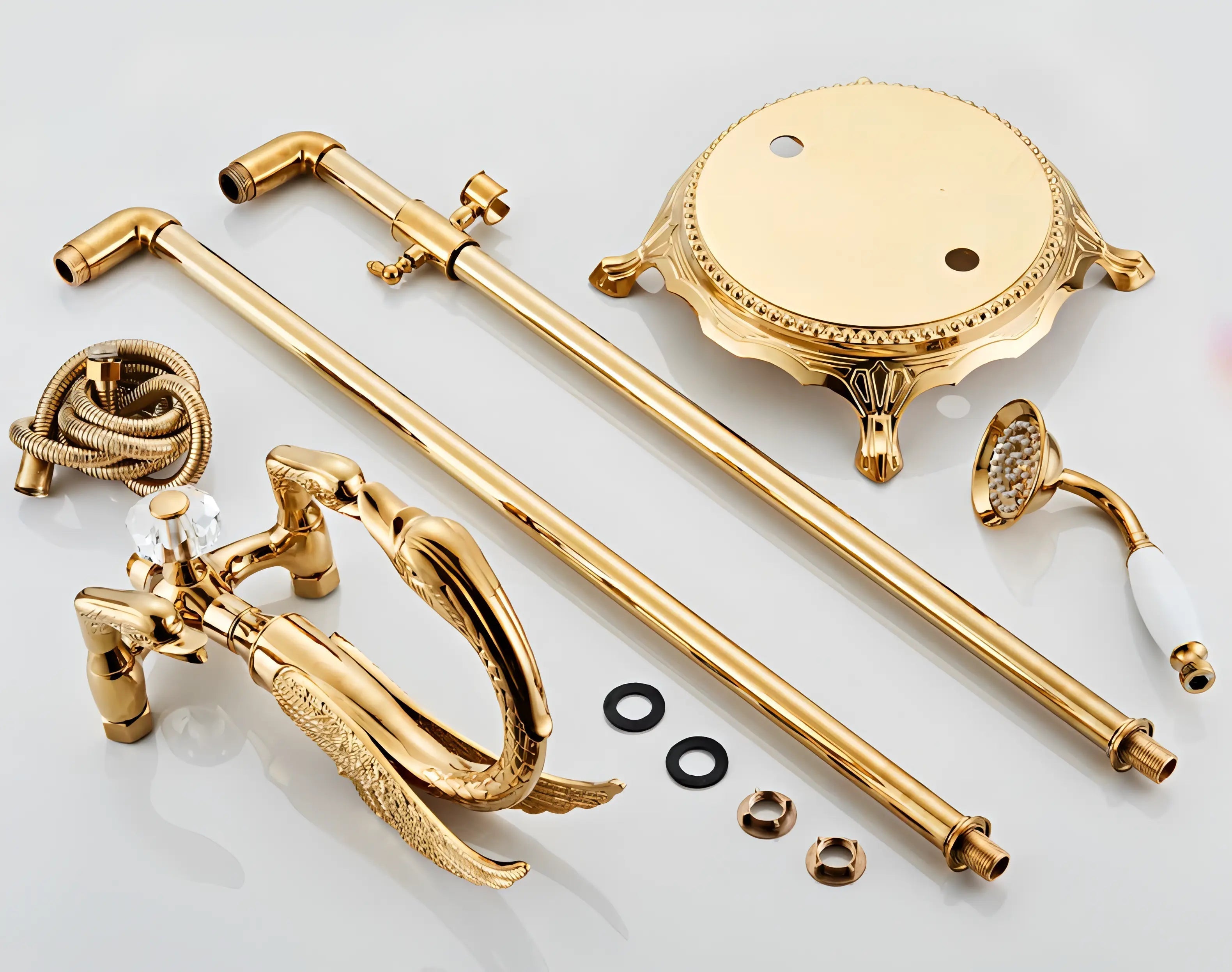 Wilburn - Freestanding Floor Gold Swan Bathtub Tap with Handheld Shower