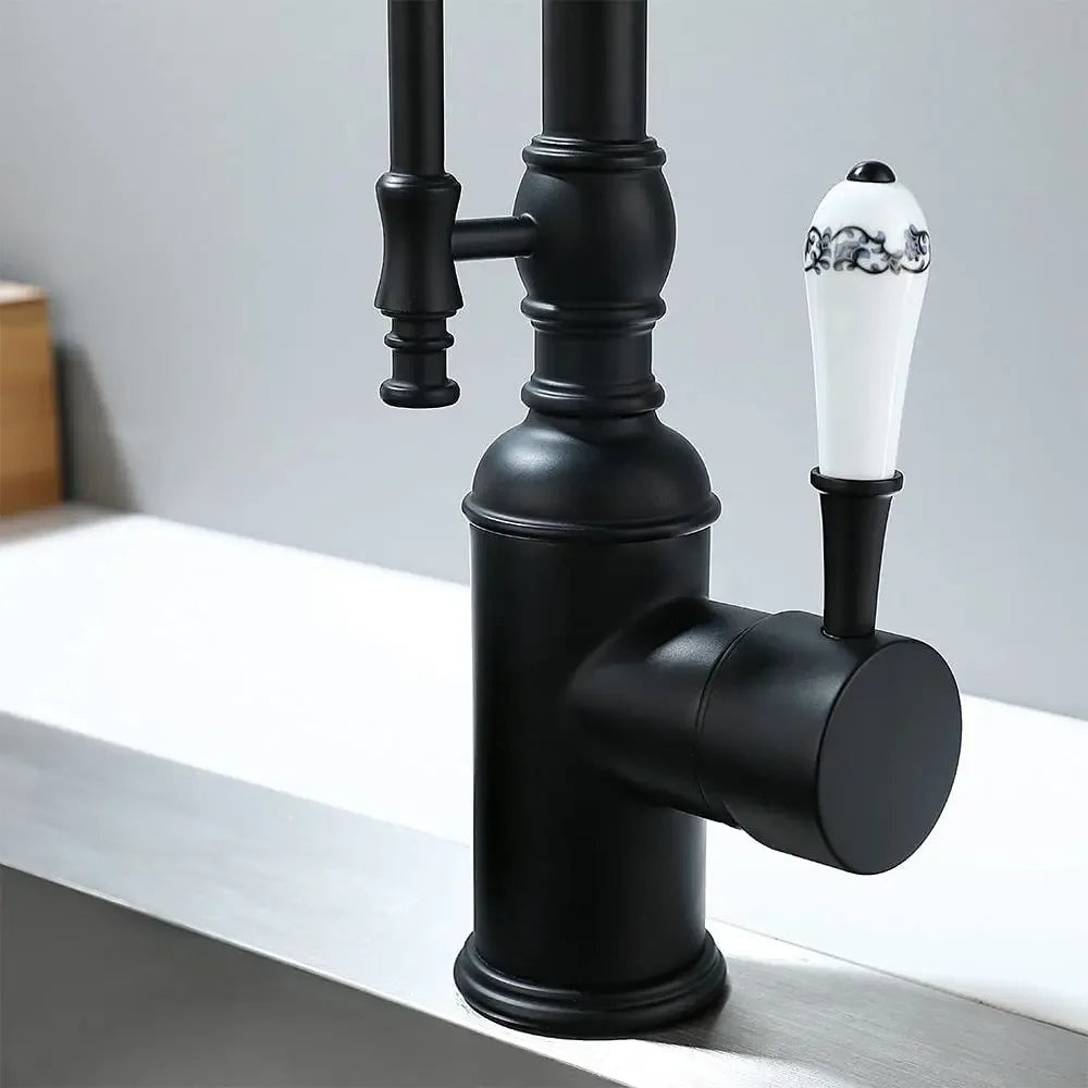 Staffo - Gold Brass Porcelain Pull Down Dual Mixer Kitchen Tap