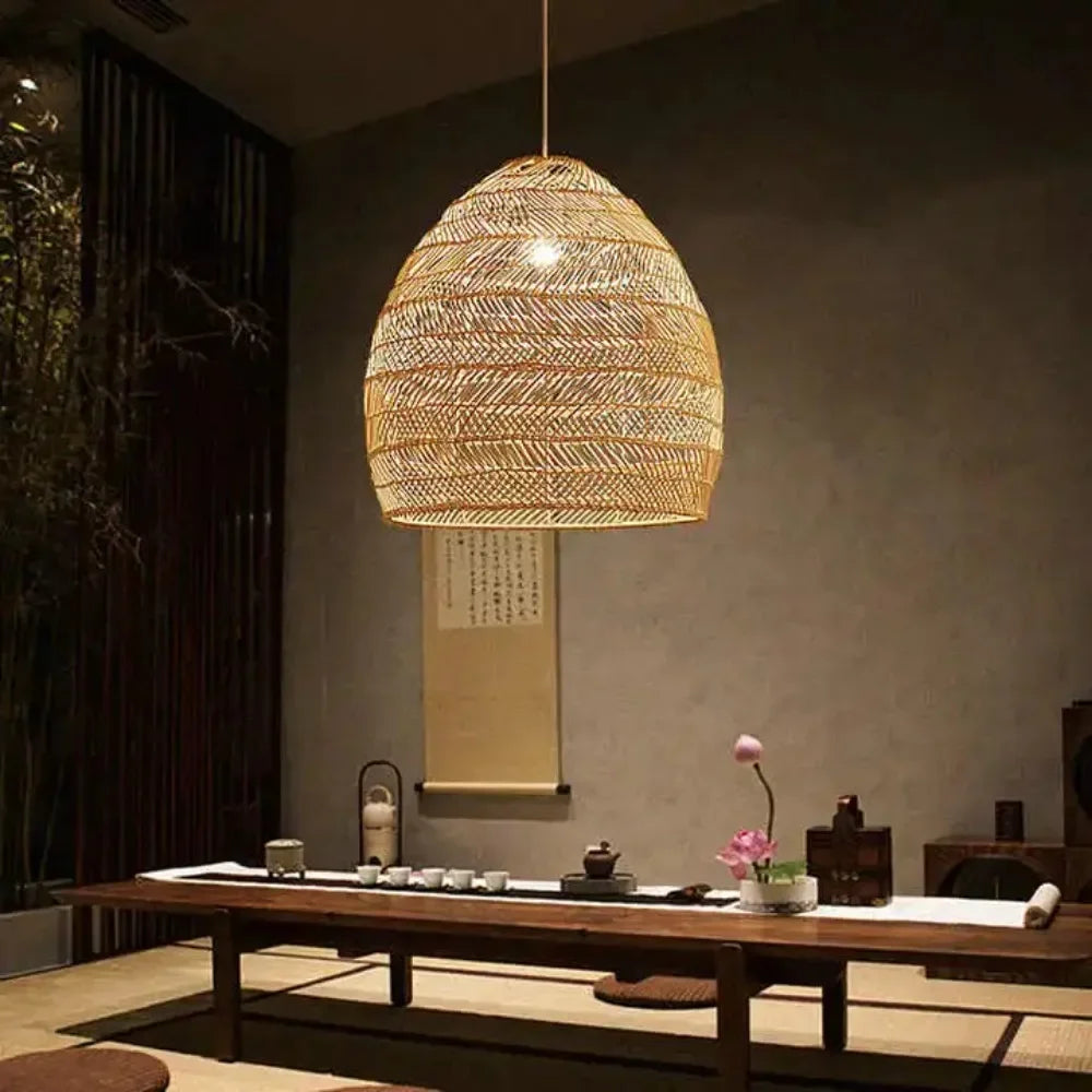 Lorenza - Natural Bamboo Striped Layered Hanging Pendant Ceiling Light