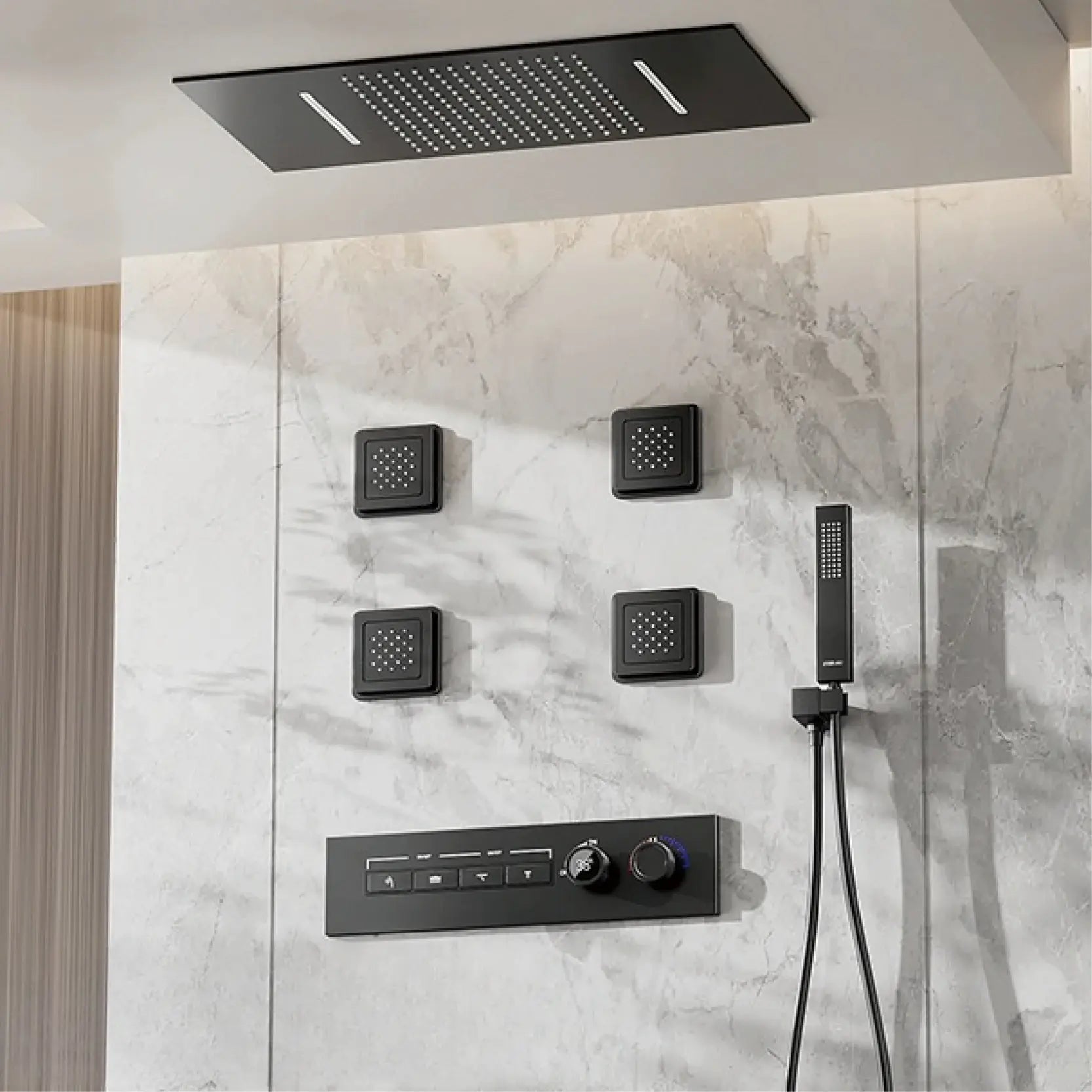 Donte - Brass LED Digital Shower System with Ceiling Mount and Dual Hot & Cold Controls