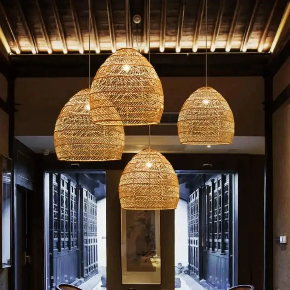 Lorenza - Natural Bamboo Striped Layered Hanging Pendant Ceiling Light