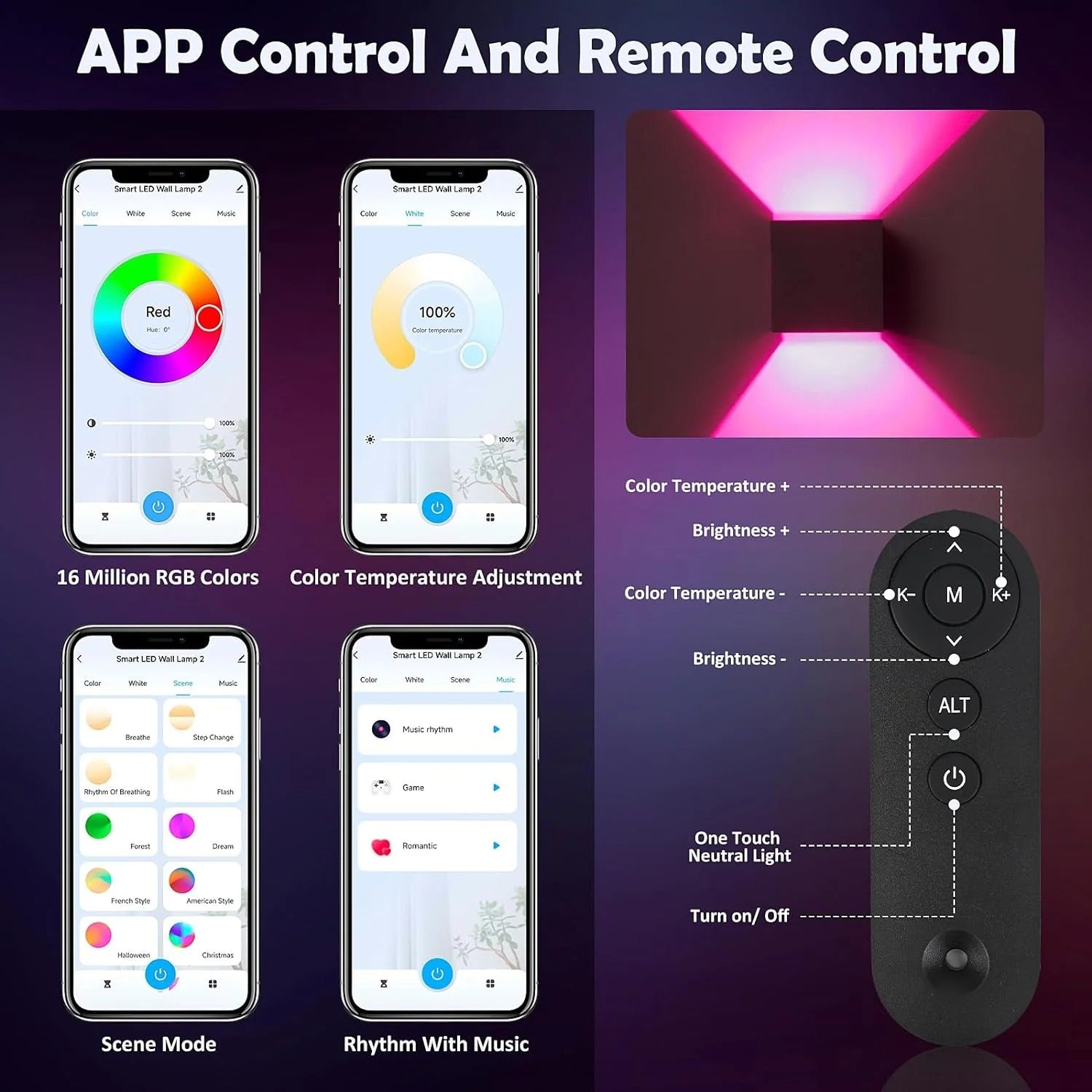 Kareem - Dimmable Multicolour Up/Down Remote Control Wall Light