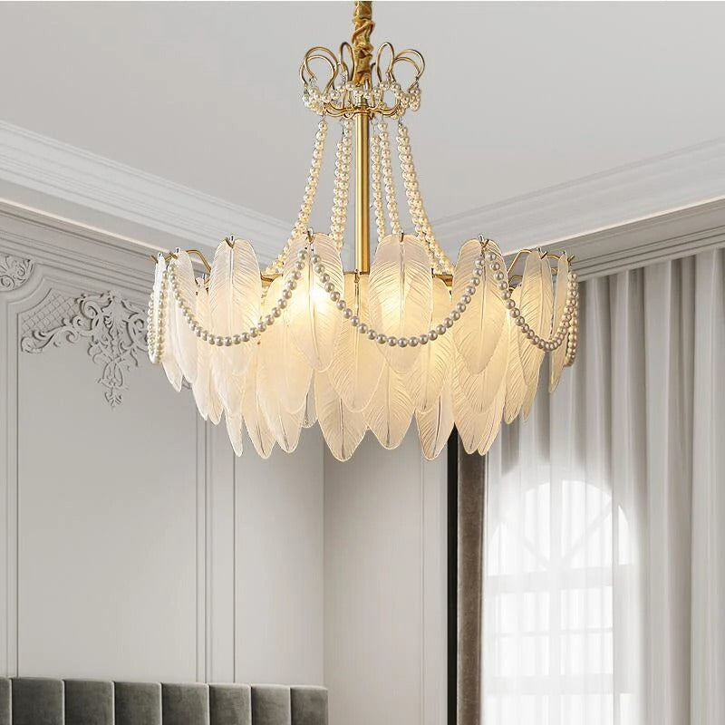 Colson - Glass Feather Round White Glass Gold Frame Ceiling Light Chandelier