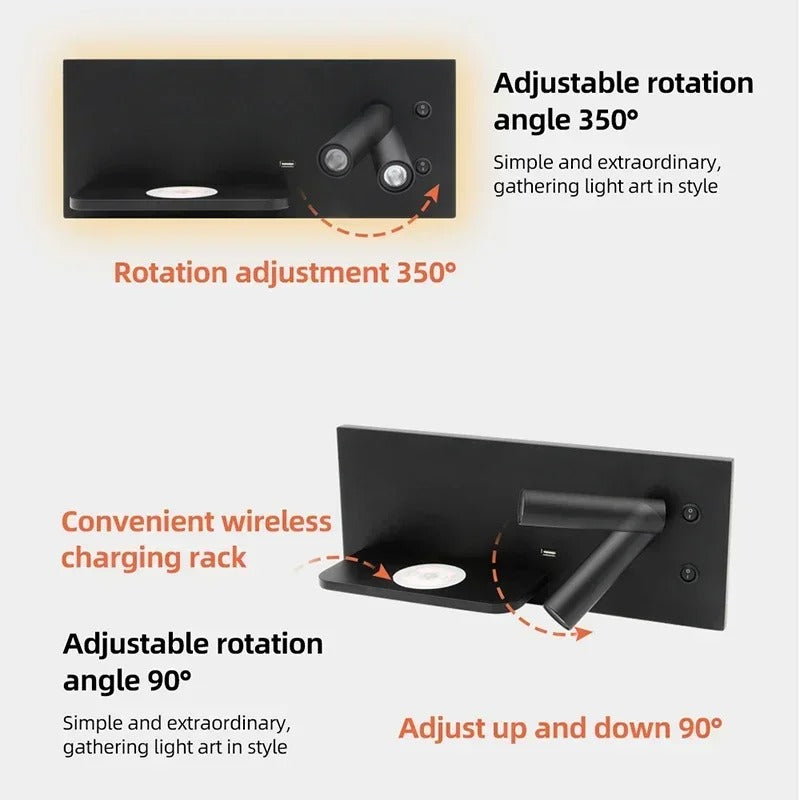 Cassandra - Modern Dual Wall Reading Light with Wireless Phone Charger Charging