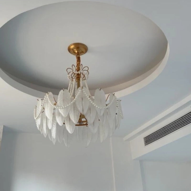 Colson - Glass Feather Round White Glass Gold Frame Ceiling Light Chandelier
