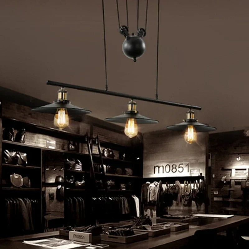 Fay - Industrial Black Retro Iron Lift 3 Pendant Hanging Ceiling Light