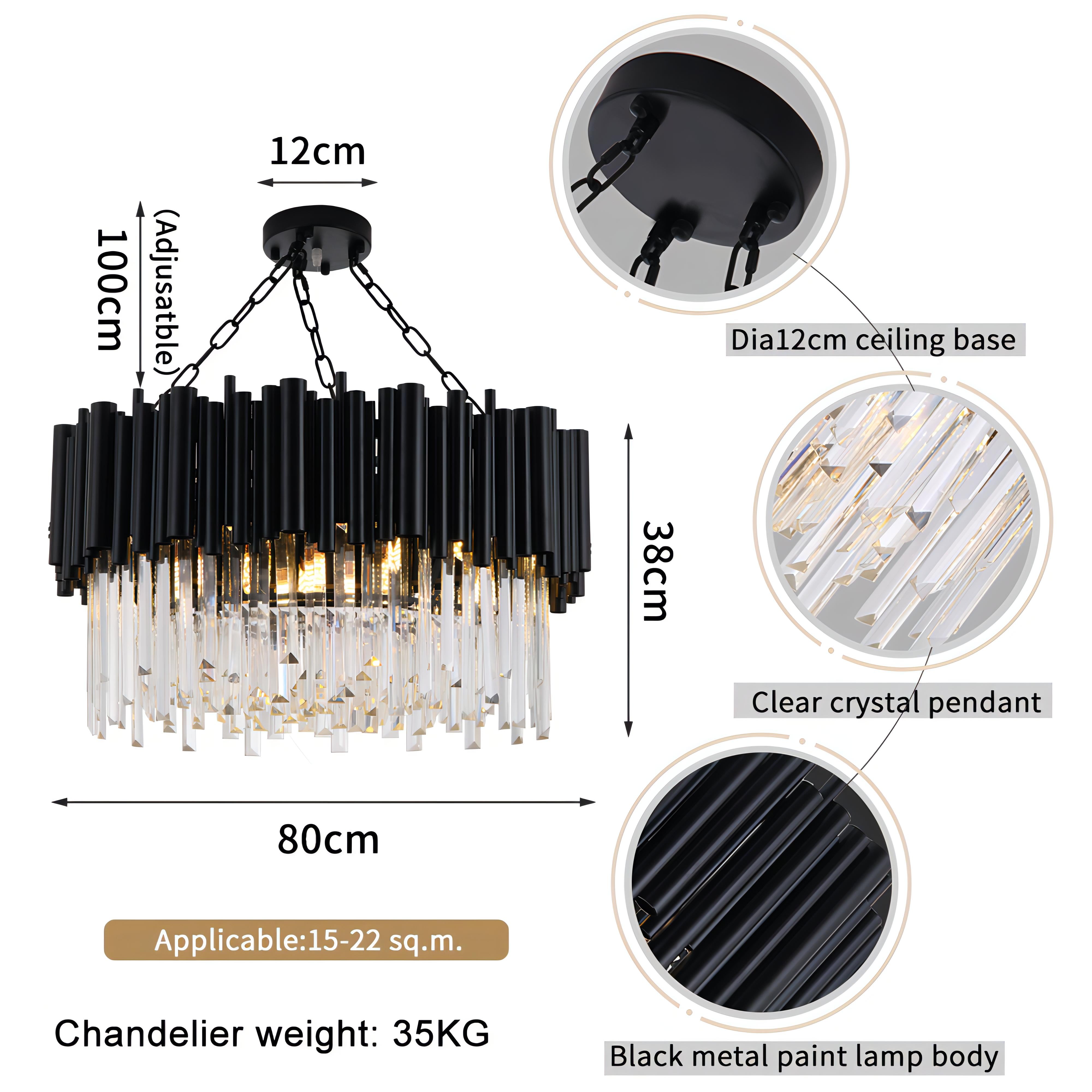 Jocasta - Matte Black Round Crystal Chandelier
