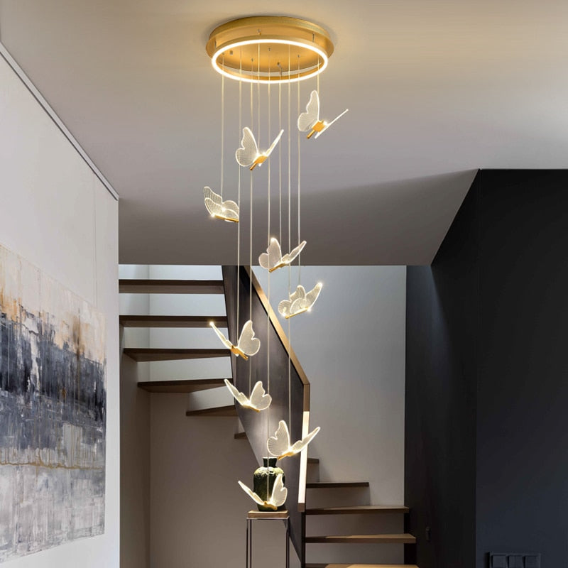 Cyrus - Gold LED Butterfly Hanging Round Gold Base Dimmable Chandelier