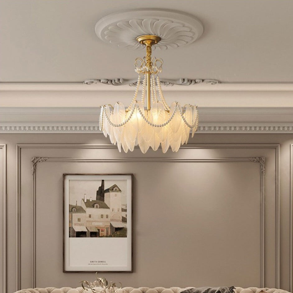 Colson - Glass Feather Round White Glass Gold Frame Ceiling Light Chandelier