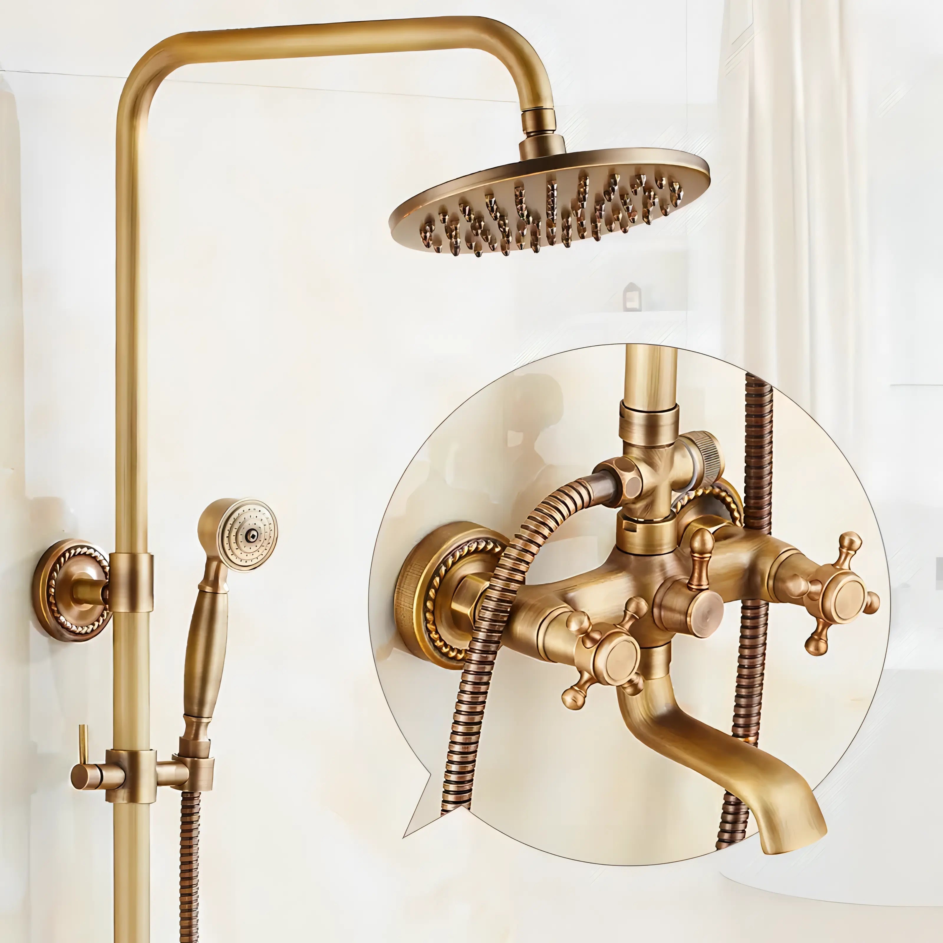 Zola - Brass Antique Wall Mounted Dual Handle Shower Set
