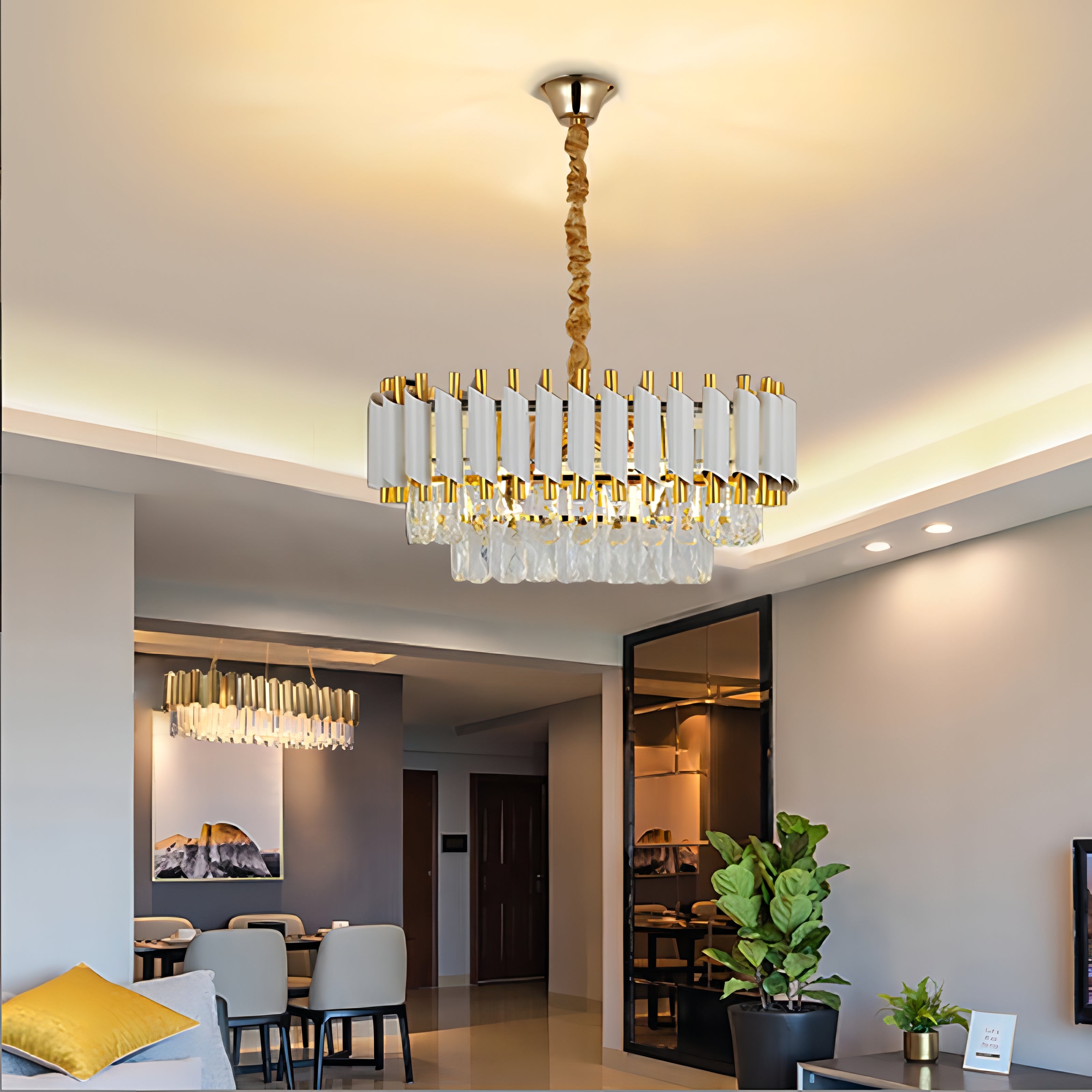 Colby - Rectangle Chain Hanging 3 Teired Gold Ceiling Light Chandelier