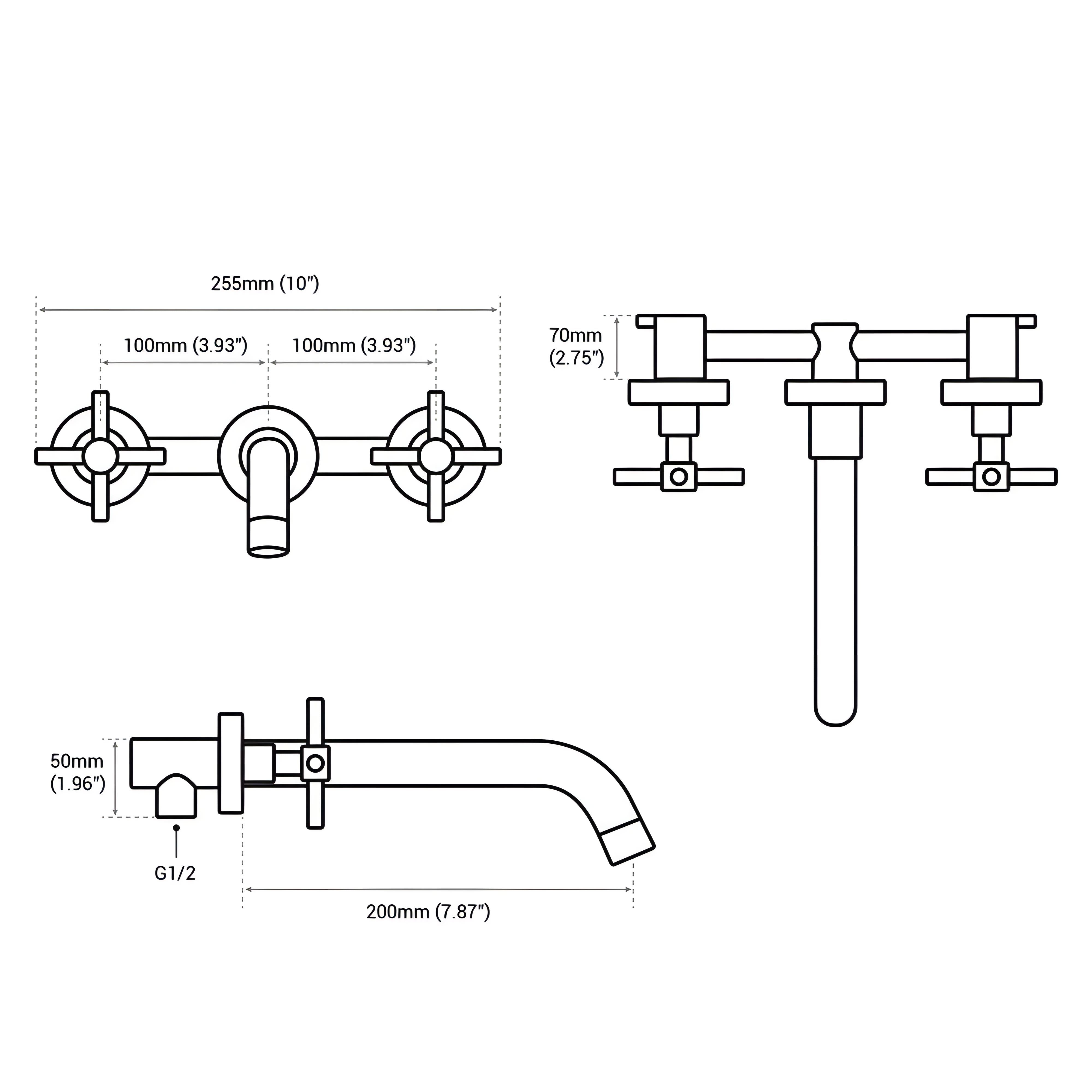 Turner - Modern Brass Double Handle Wall Mounted Basin Tap