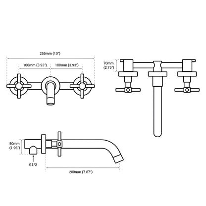 Turner - Modern Brass Double Handle Wall Mounted Basin Tap