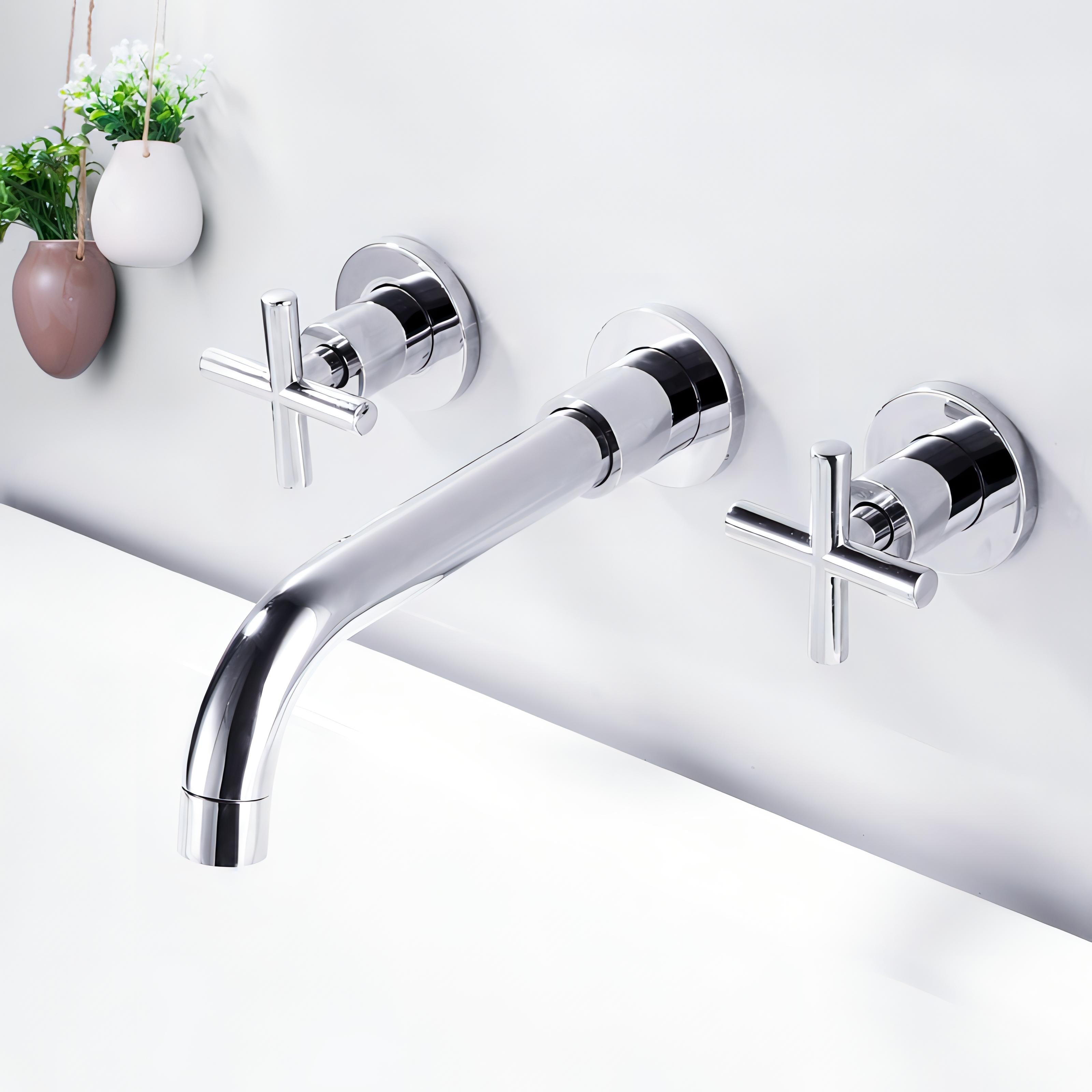 Turner - Modern Brass Double Handle Wall Mounted Basin Tap