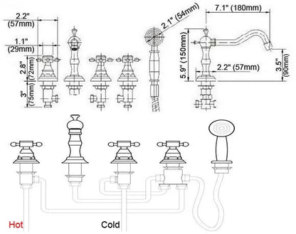 Tiera - Antique Brass Bathtub Shower Set 5 Piece