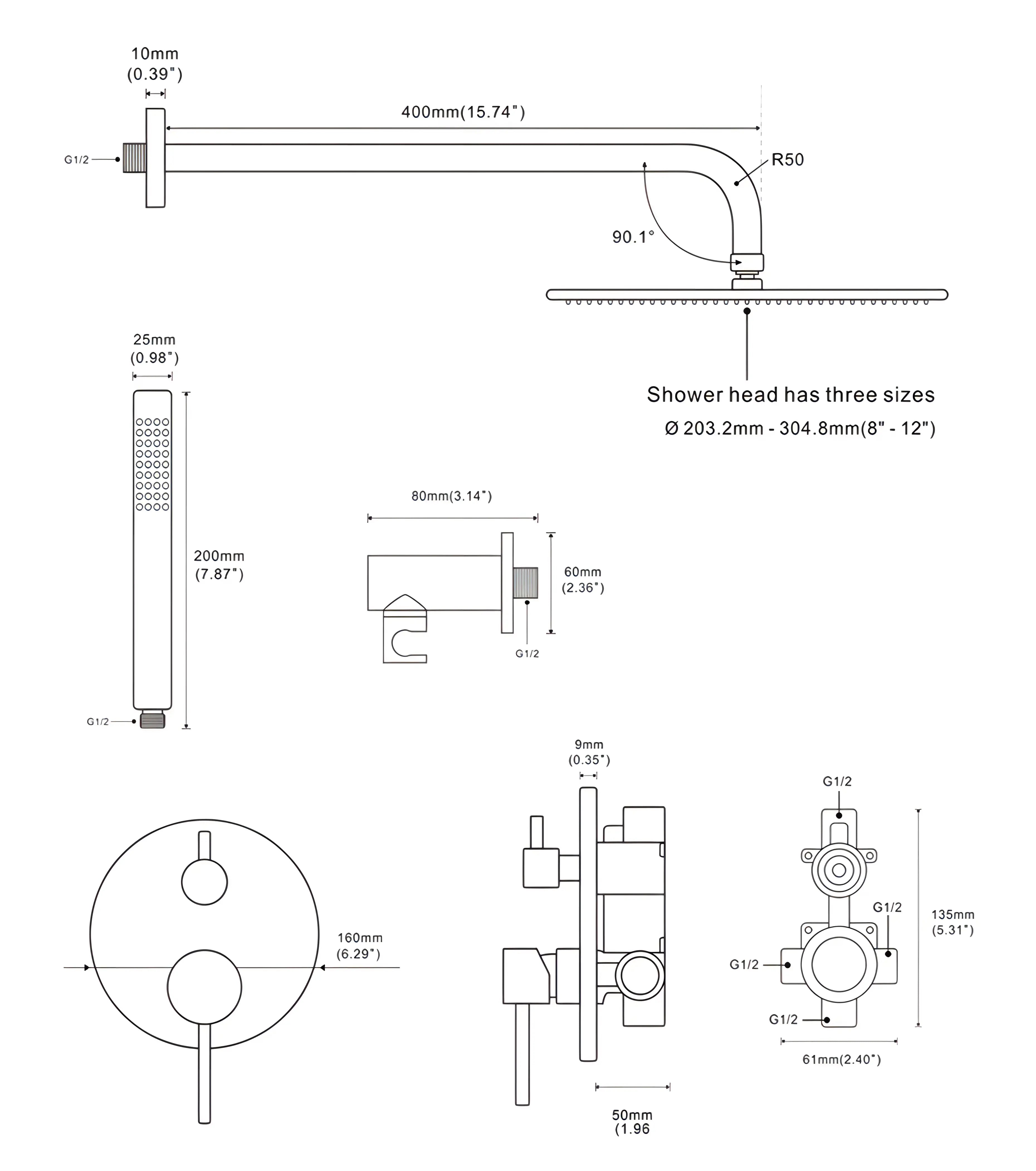 Gilmore - Modern Brass 8" Rainfall Head Wall Mounted Shower Set
