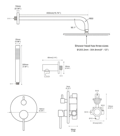 Gilmore - Modern Brass 8" Rainfall Head Wall Mounted Shower Set